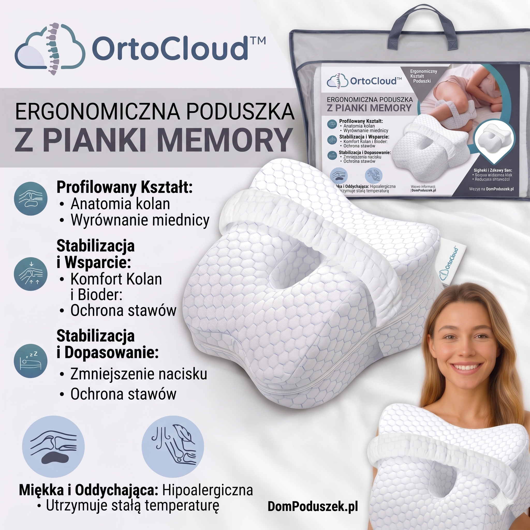 OrtoCloud™ KneeComfort – ergonomiczna poduszka między kolana z Pianki Memory Foam